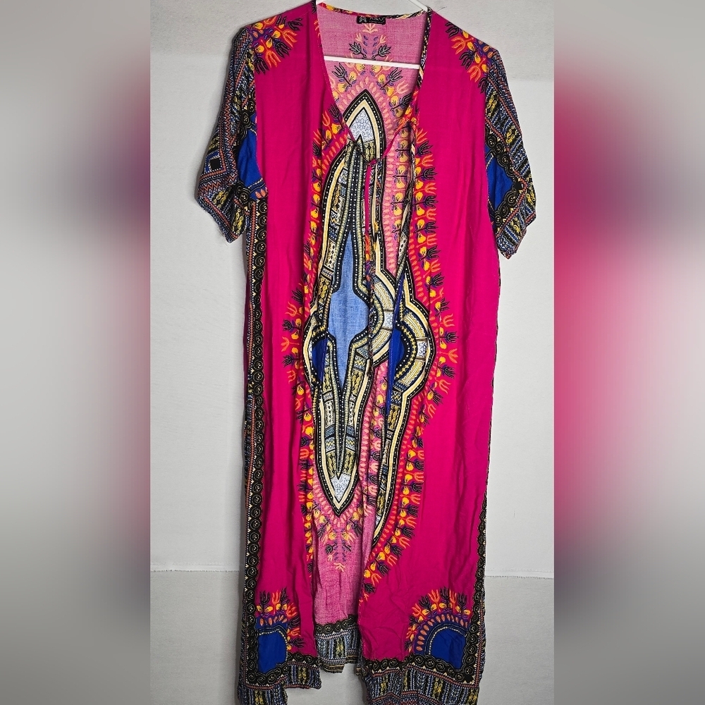 Long African Kaftan Boho Swimsuit Beach Cover Up Duster Fuschia Pink w/Tie